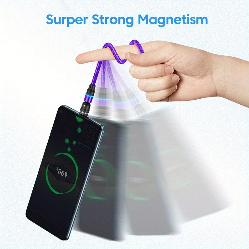 540° aylana oladigan magnit zaryadlash kabeli, USB Type-C qurilmalari uchun tez zaryadlash va ma'lumot uzatish qo'llab-quvvatlashi bilan, 3m, 2m va 1m uzunliklarda mavjud.