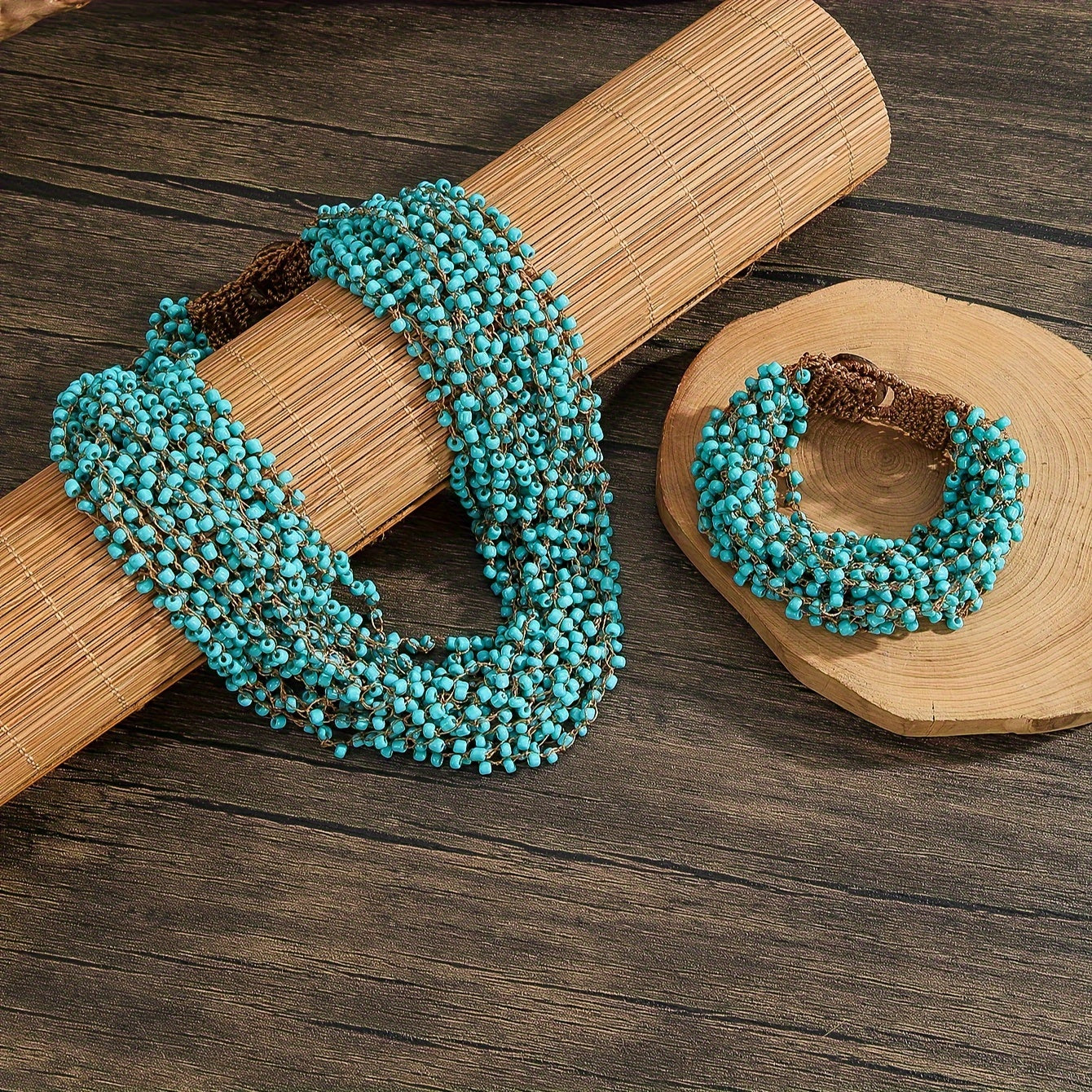 Vintage Boho Beaded Crochet Necklace Set with Green Collar for Festival and Daily Wear