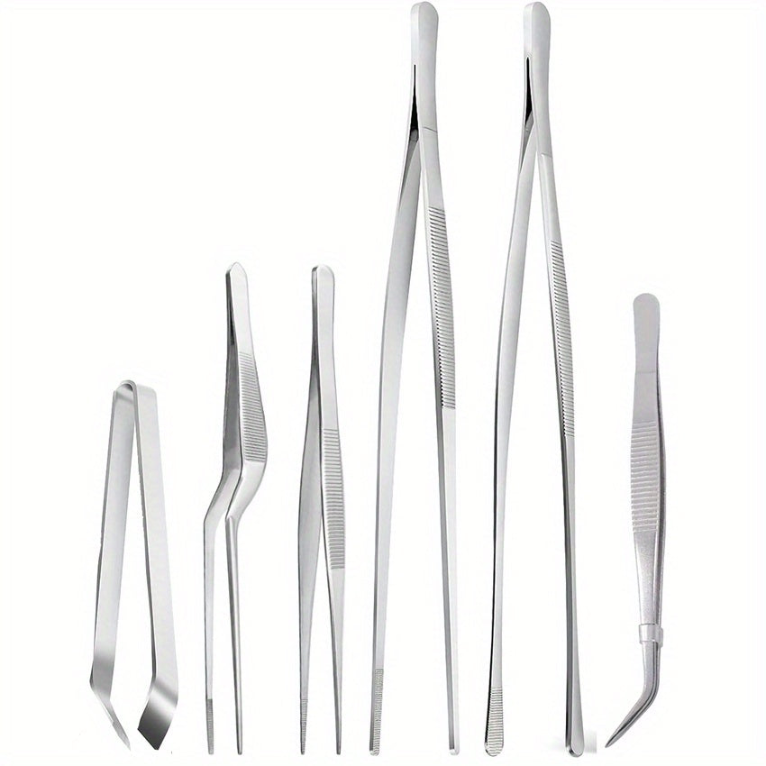Set of 6 Stainless Steel Cooking Tweezers with Mini Tongs and Chef Tweezers