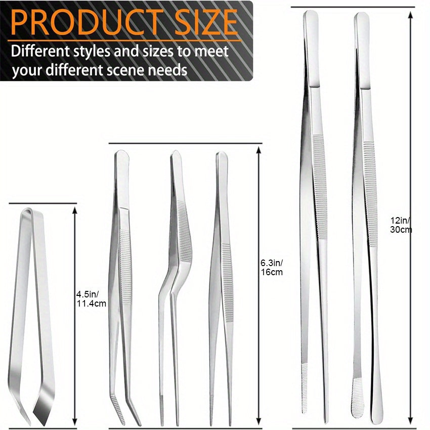 Set of 6 Stainless Steel Cooking Tweezers with Mini Tongs and Chef Tweezers