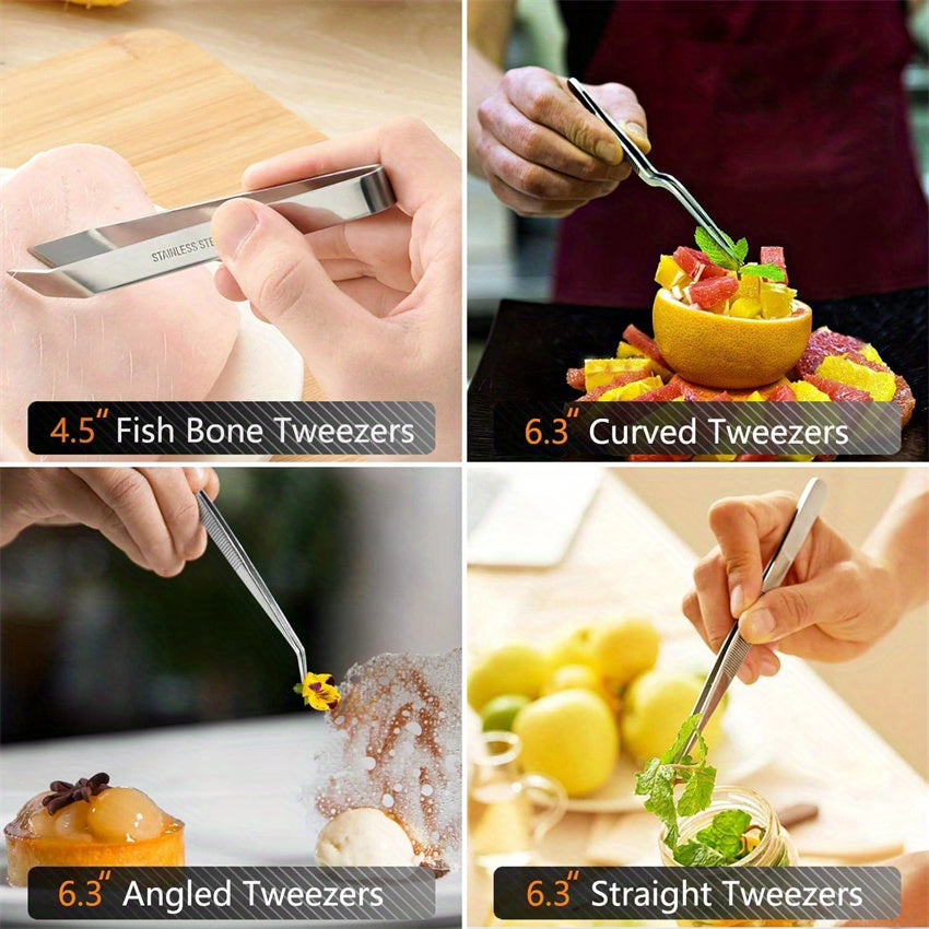 Set of 6 Stainless Steel Cooking Tweezers with Mini Tongs and Chef Tweezers