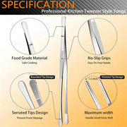 Set of 6 Stainless Steel Cooking Tweezers with Mini Tongs and Chef Tweezers