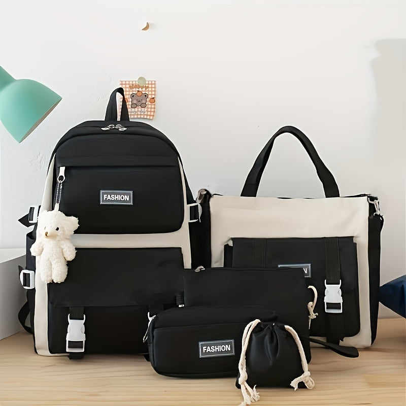 5ta qismli maktab sumkasi to'plami o'smirlar va bolalar uchun Oxford sumkasi, mo'ynali ayiqcha tanga hamyoni, qalam sumkasi va chizilgan sumka, ko'k bej