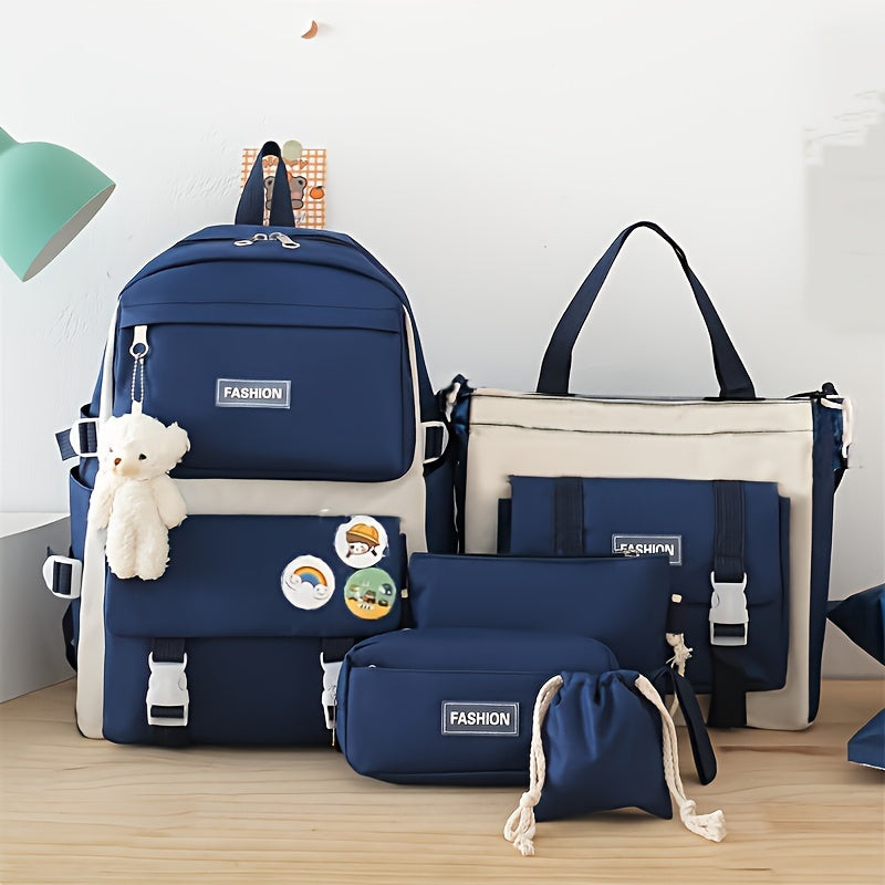 5ta qismli maktab sumkasi to'plami o'smirlar va bolalar uchun Oxford sumkasi, mo'ynali ayiqcha tanga hamyoni, qalam sumkasi va chizilgan sumka, ko'k bej