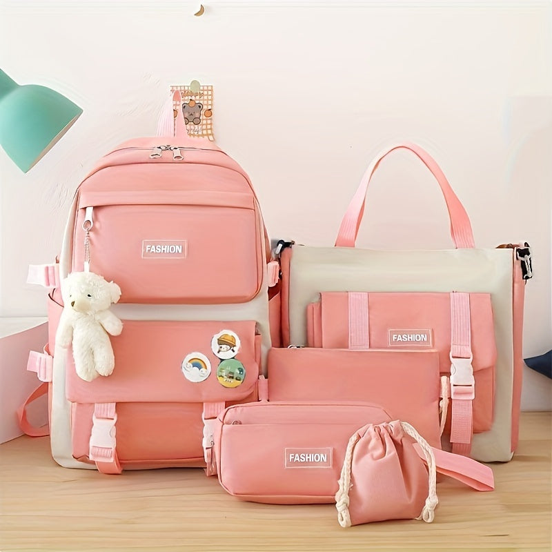 5ta qismli maktab sumkasi to'plami o'smirlar va bolalar uchun Oxford sumkasi, mo'ynali ayiqcha tanga hamyoni, qalam sumkasi va chizilgan sumka, ko'k bej