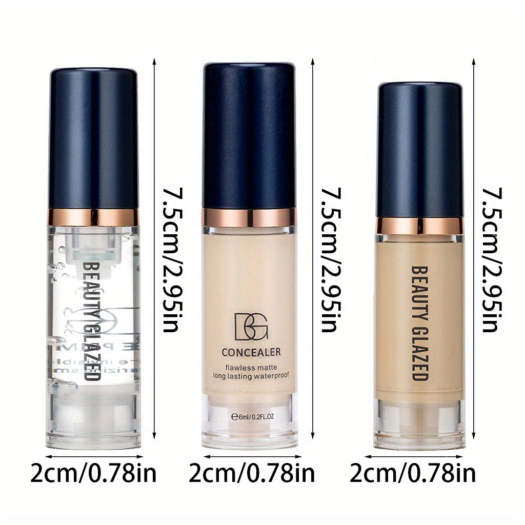 Three-Piece Makeup Set Primer Concealer Liquid Foundation Matte Waterproof for Beginners and Travel