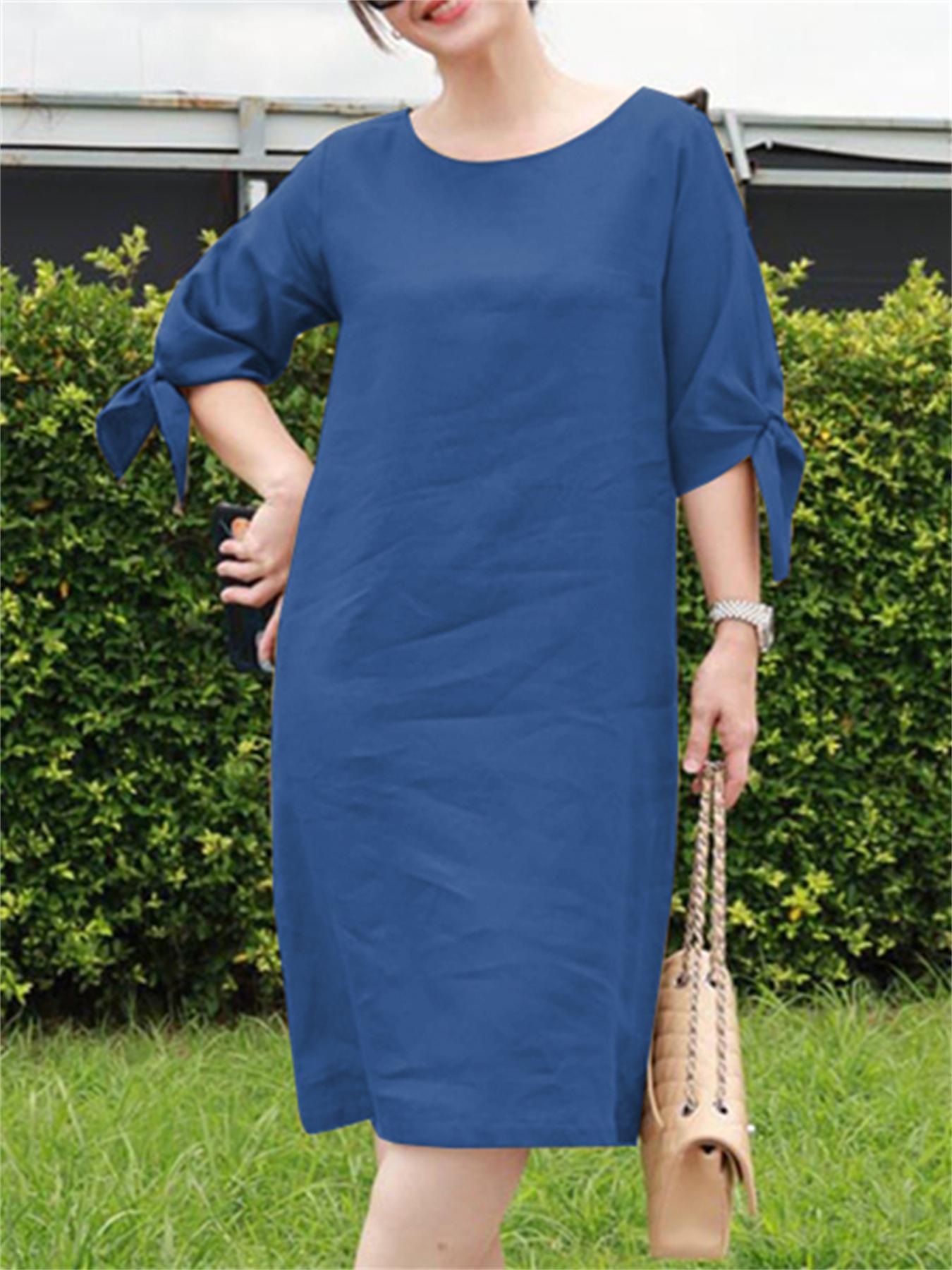 ZANZEA Ayollar uchun Yozgi Midi Ko'ylak, bir rangli, yumshoq bo'yin, qisqa yeng, A-shakl, tasodifiy keng kesim, cho'zilmaydigan to'qilgan mato, katta o'lcham