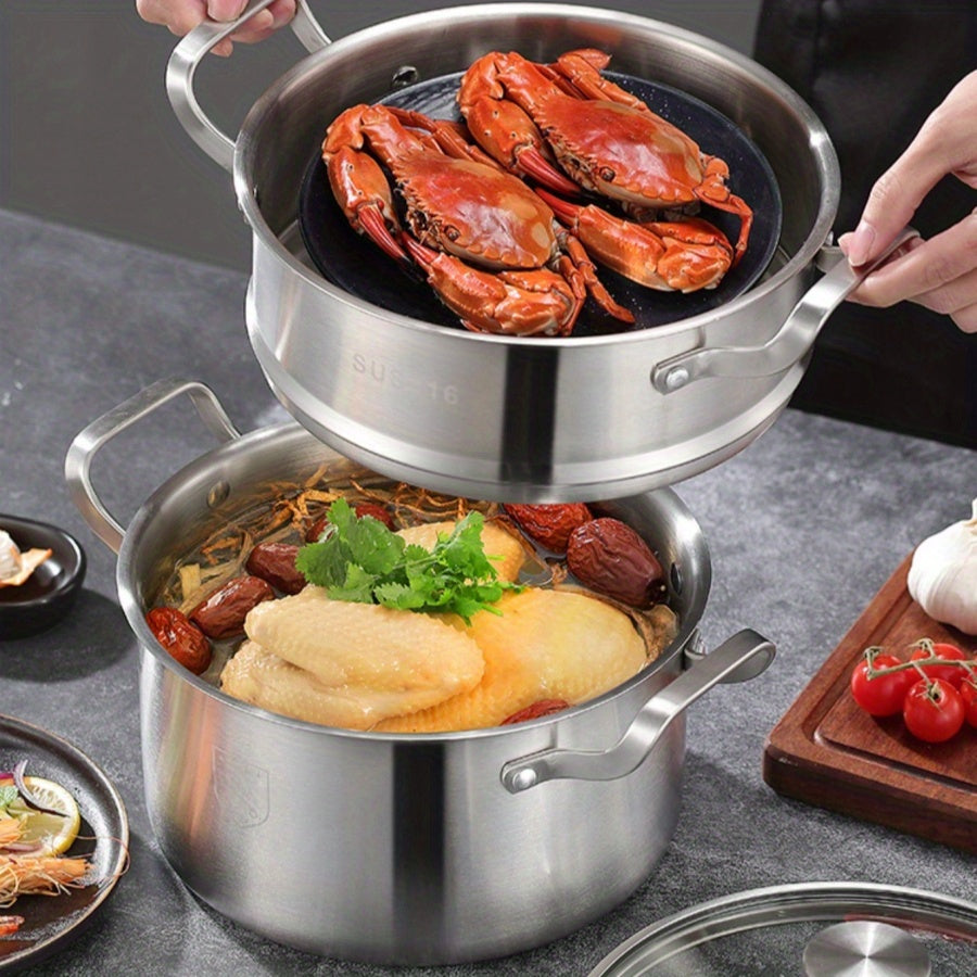 Durable Stainless Steel Soup Steamer Pot with Bamboo Steamer for Home Use