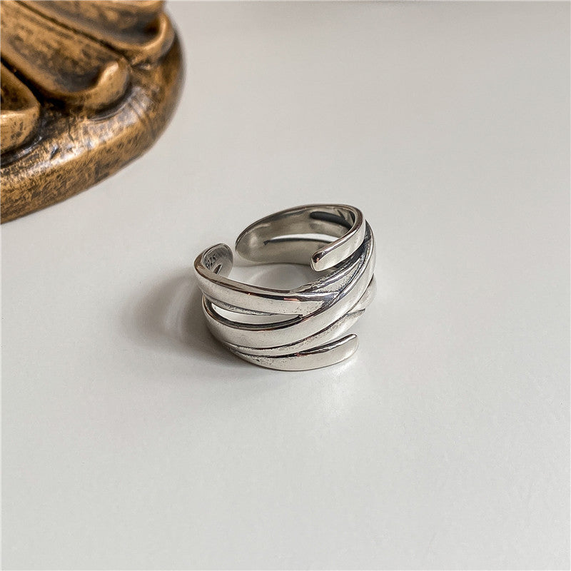 Sterling Silver Wide Band Ring with Multiple Layers for Women