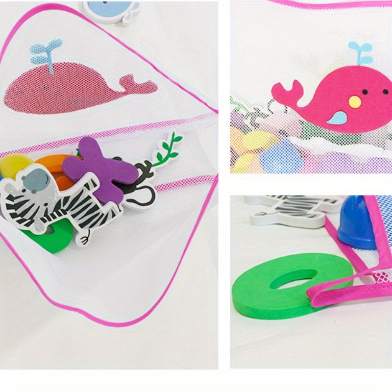 Bathroom Toy Organizer Mesh Storage Bag with Hooks for Wall Mounting on Glass and Tile Surfaces