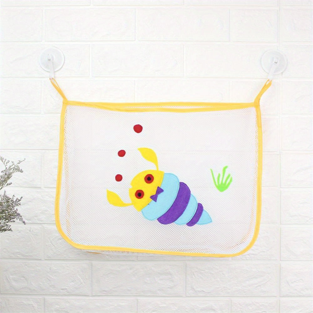 Bathroom Toy Organizer Mesh Storage Bag with Hooks for Wall Mounting on Glass and Tile Surfaces