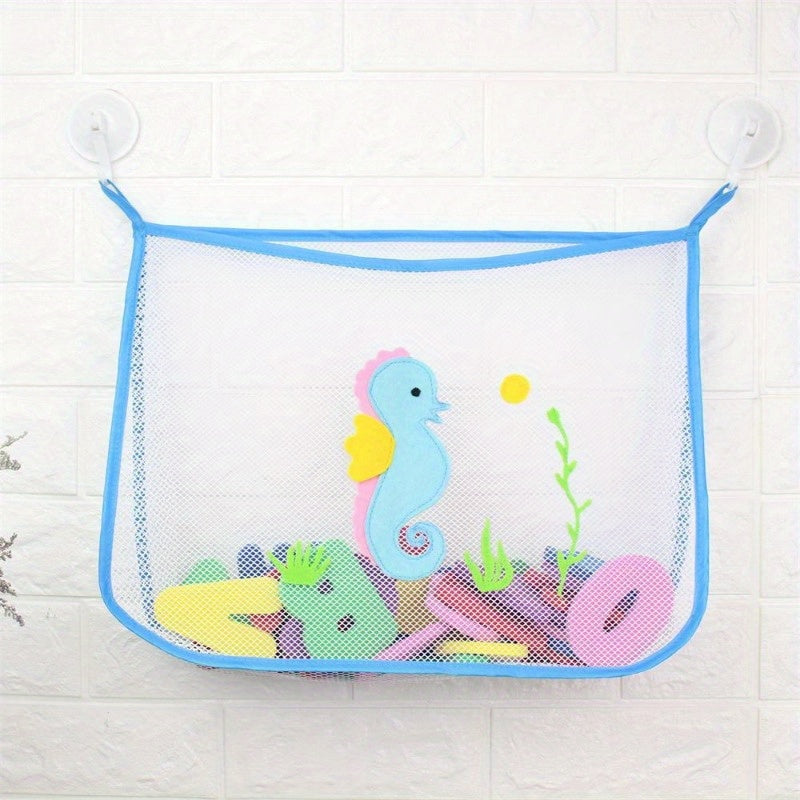 Bathroom Toy Organizer Mesh Storage Bag with Hooks for Wall Mounting on Glass and Tile Surfaces