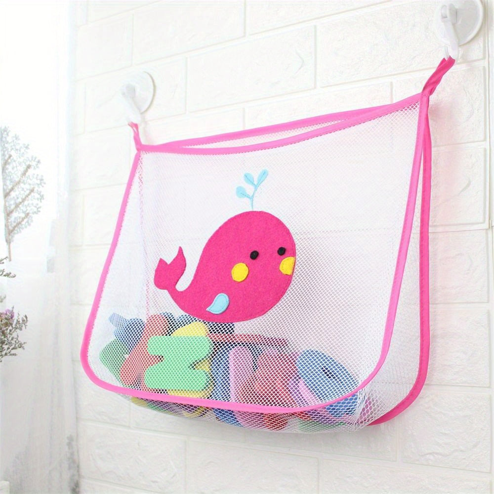 Bathroom Toy Organizer Mesh Storage Bag with Hooks for Wall Mounting on Glass and Tile Surfaces