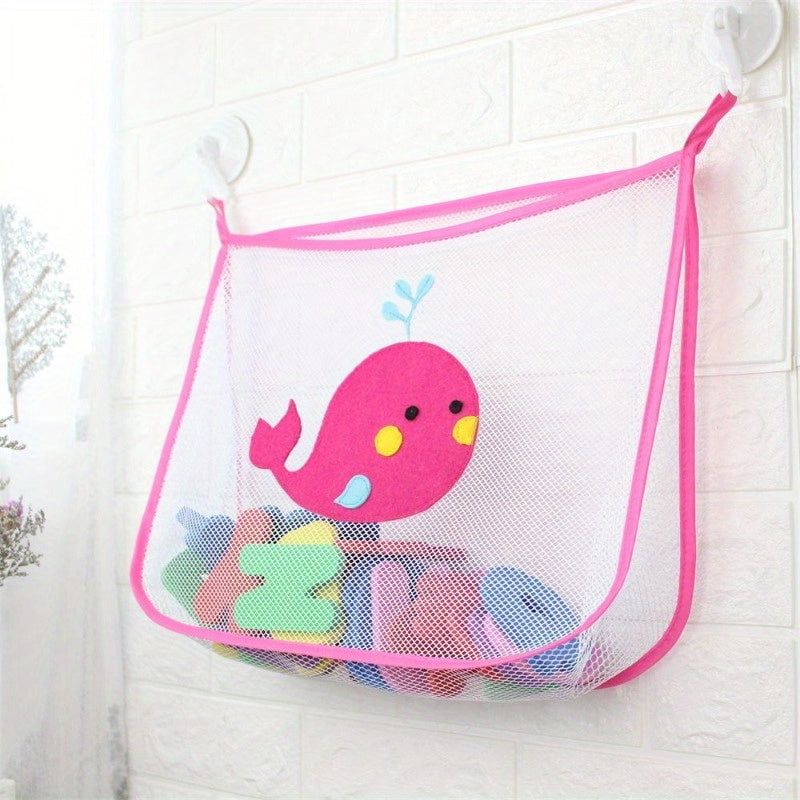 Bathroom Toy Organizer Mesh Storage Bag with Hooks for Wall Mounting on Glass and Tile Surfaces