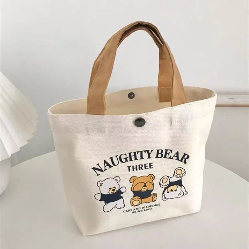 Bear Print Canvas Handbag Lunch Box Storage Bag for Outings