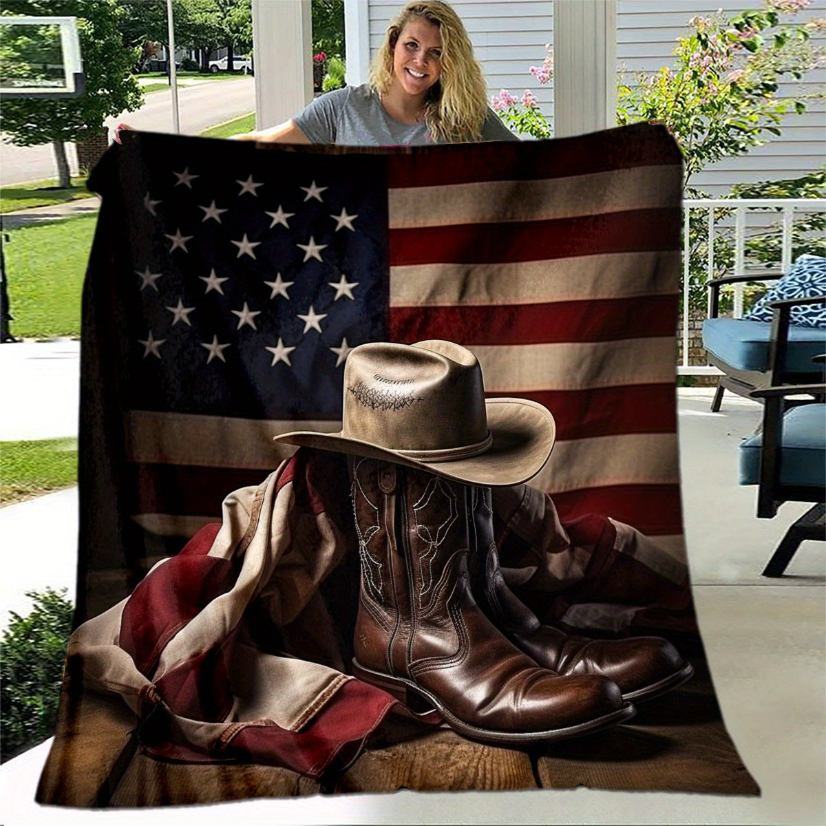 Vintage Cowboy Flannel Blanket with 3D Cowboy Hat Shoe Flag Leather Design for Western Decor