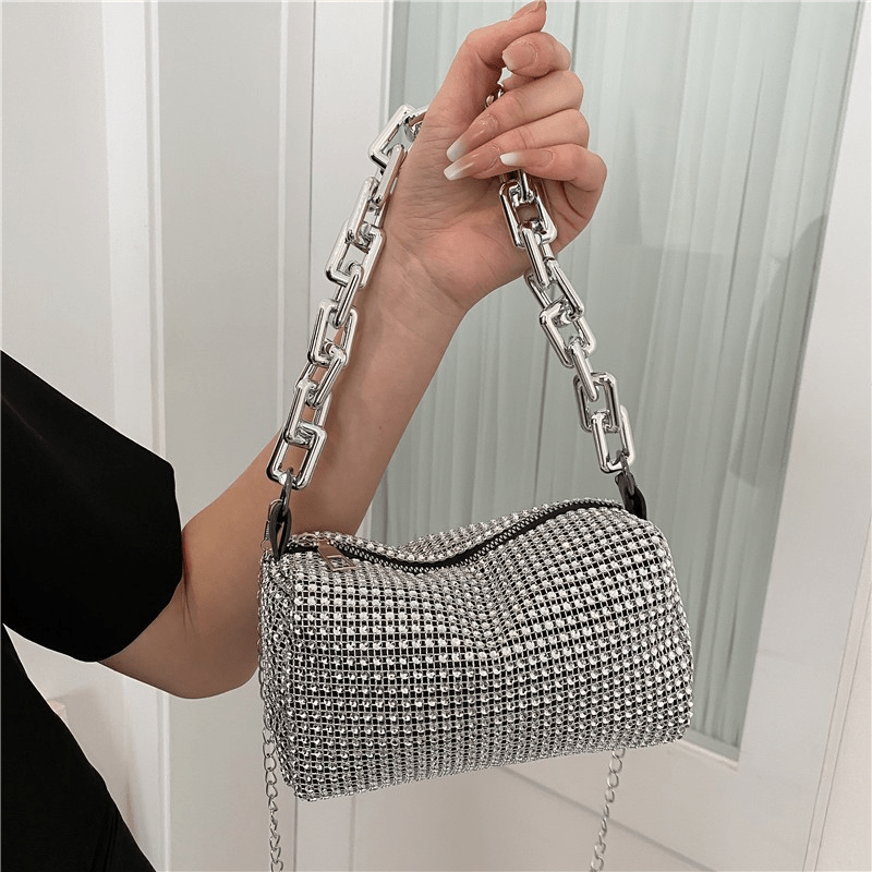 Textured Square Handbag with Chain and Shiny Artificial Diamonds Cell Phone Pouch
