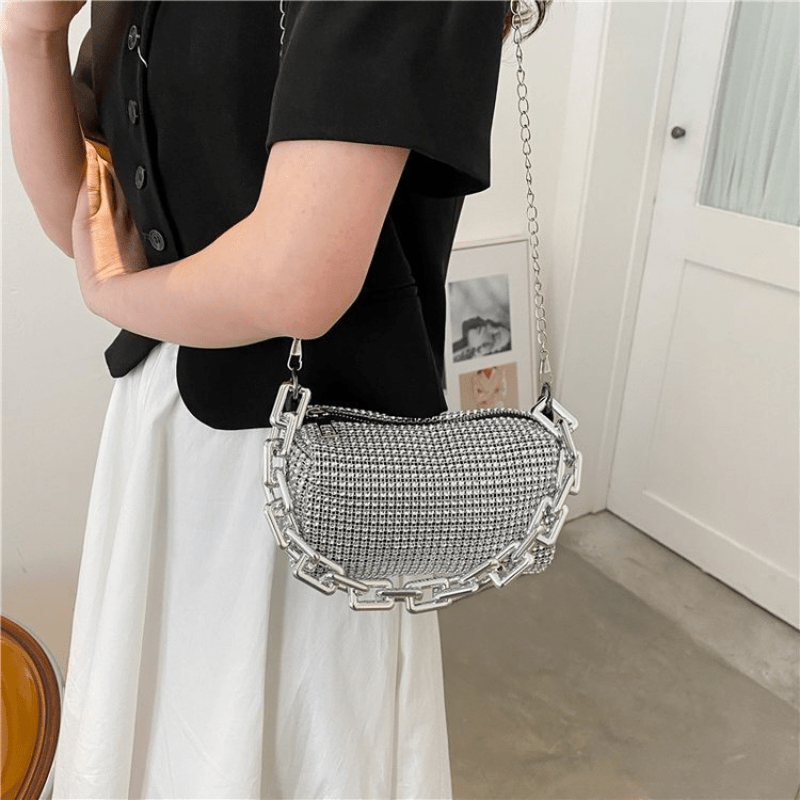 Textured Square Handbag with Chain and Shiny Artificial Diamonds Cell Phone Pouch