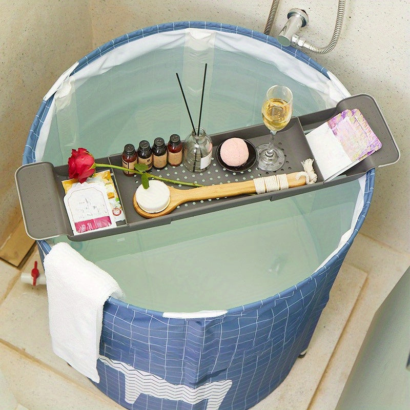 Expandable Plastic Bathroom Tub Tray with Towel Rack and Bookshelf