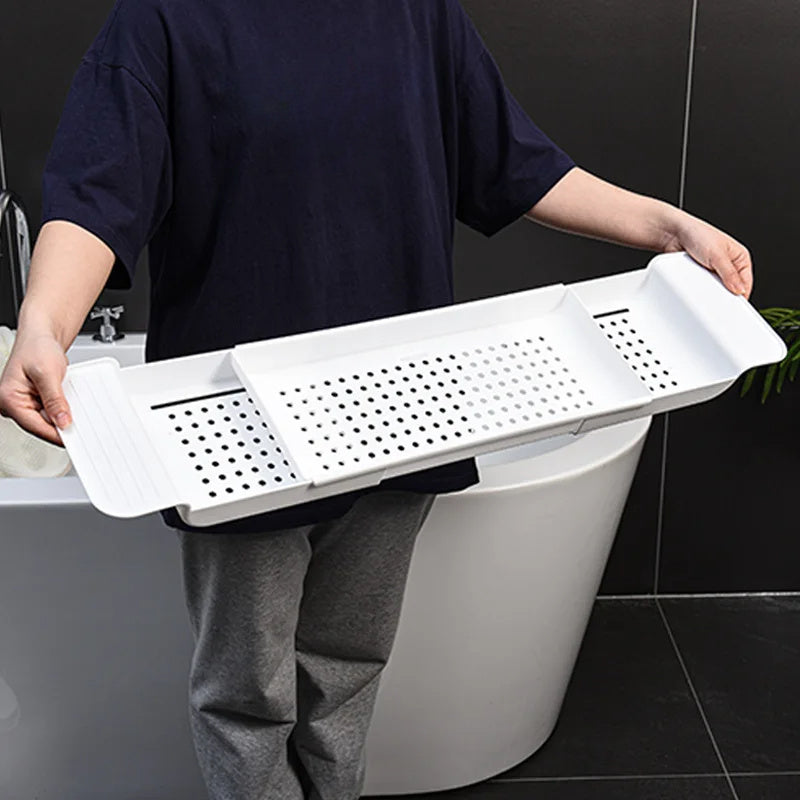 Expandable Plastic Bathroom Tub Tray with Towel Rack and Bookshelf