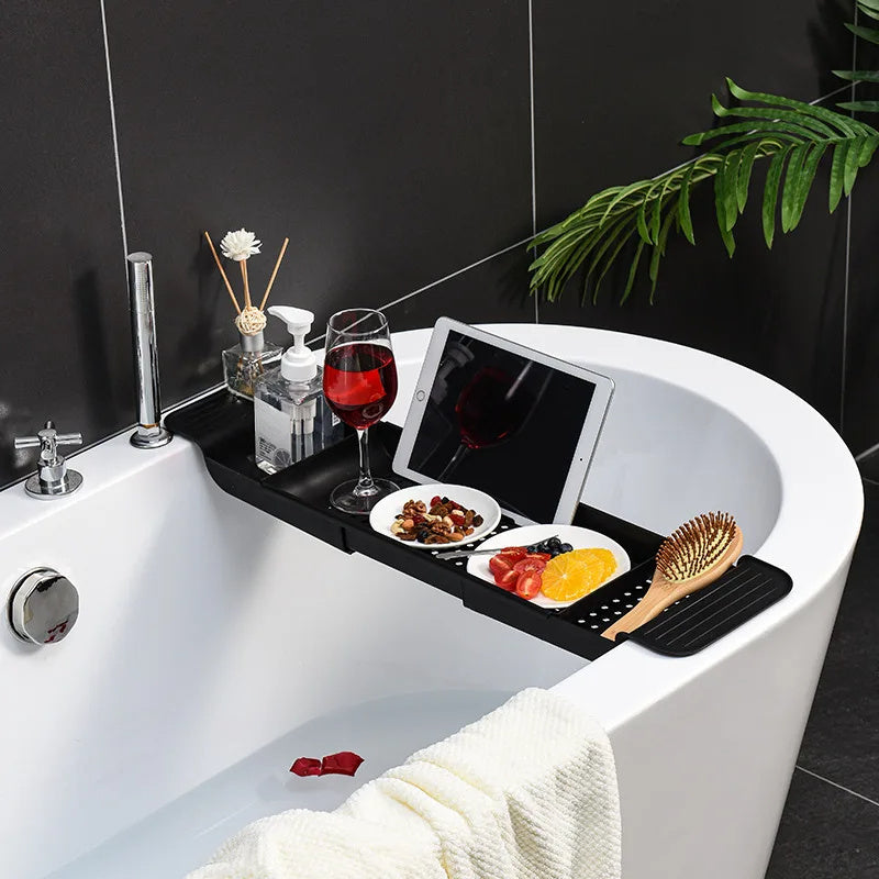 Expandable Plastic Bathroom Tub Tray with Towel Rack and Bookshelf