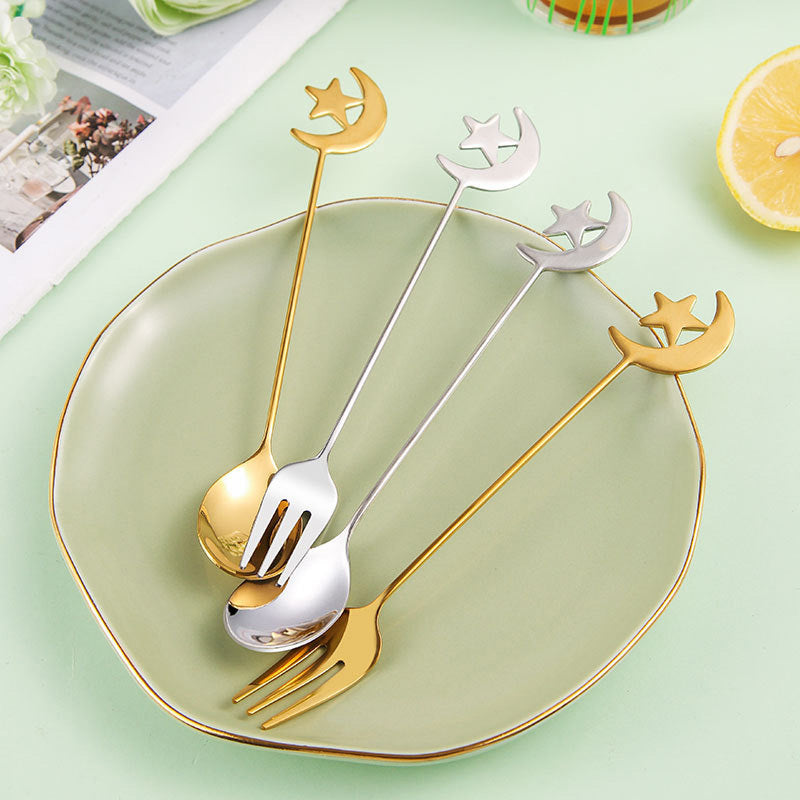 Stainless Steel Moon-Shaped Coffee Spoon and Dessert Fork Set for Cake Ice Cream Fruit