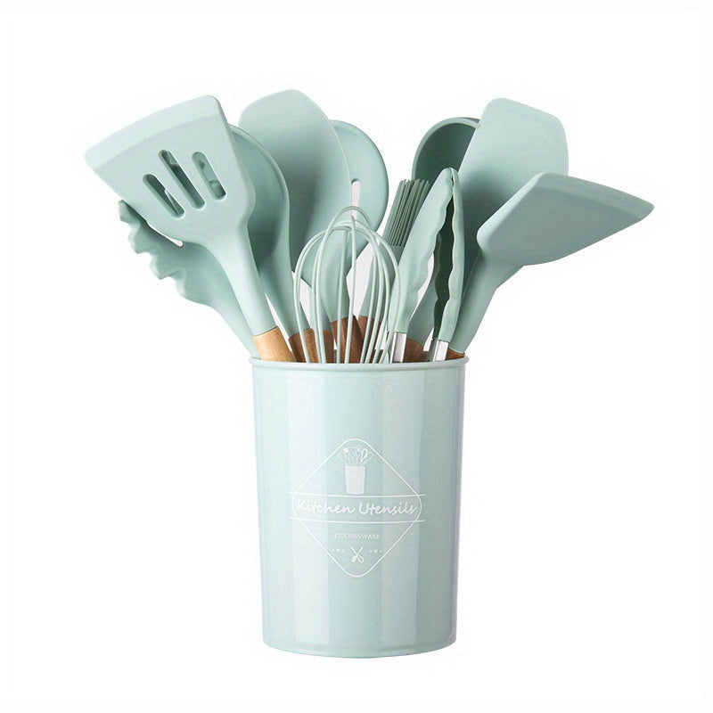 Silicone Kitchen Utensil Set with Wooden Handles Non-Stick Spatula Spoon 5/11/14 Pieces