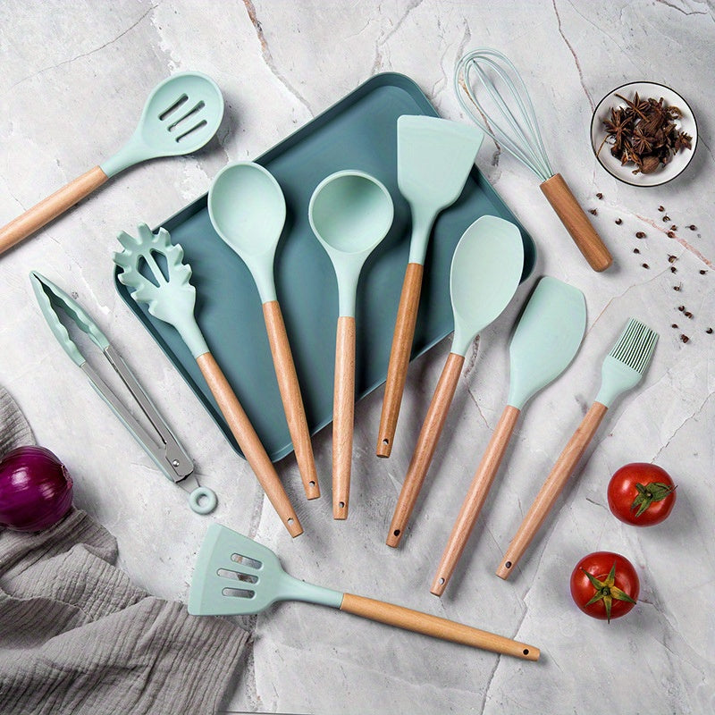 Silicone Kitchen Utensil Set with Wooden Handles Non-Stick Spatula Spoon 5/11/14 Pieces