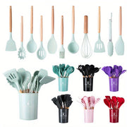Silicone Kitchen Utensil Set with Wooden Handles Non-Stick Spatula Spoon 5/11/14 Pieces