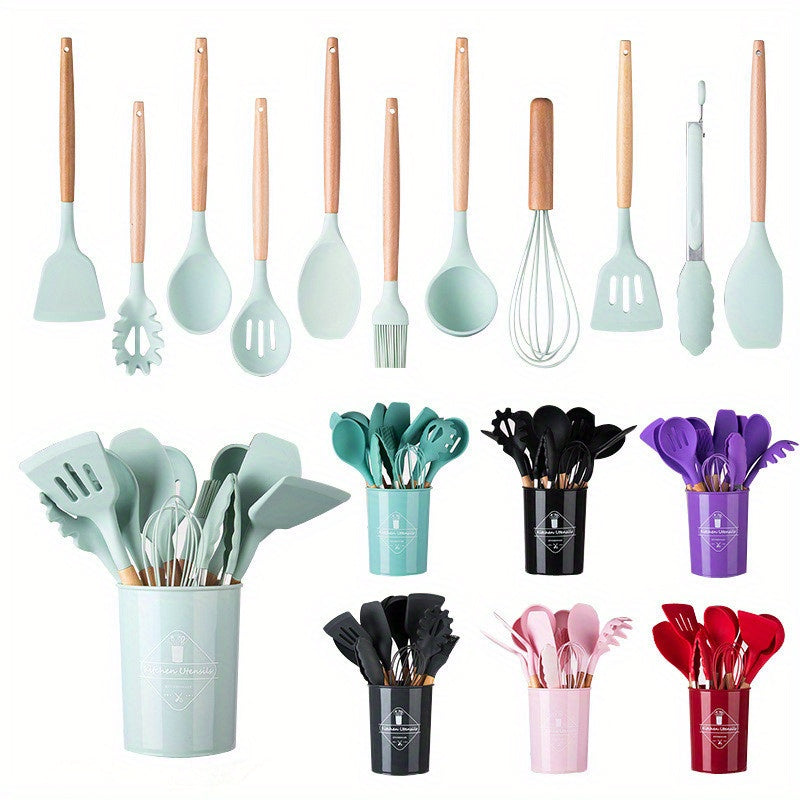 Silicone Kitchen Utensil Set with Wooden Handles Non-Stick Spatula Spoon 5/11/14 Pieces