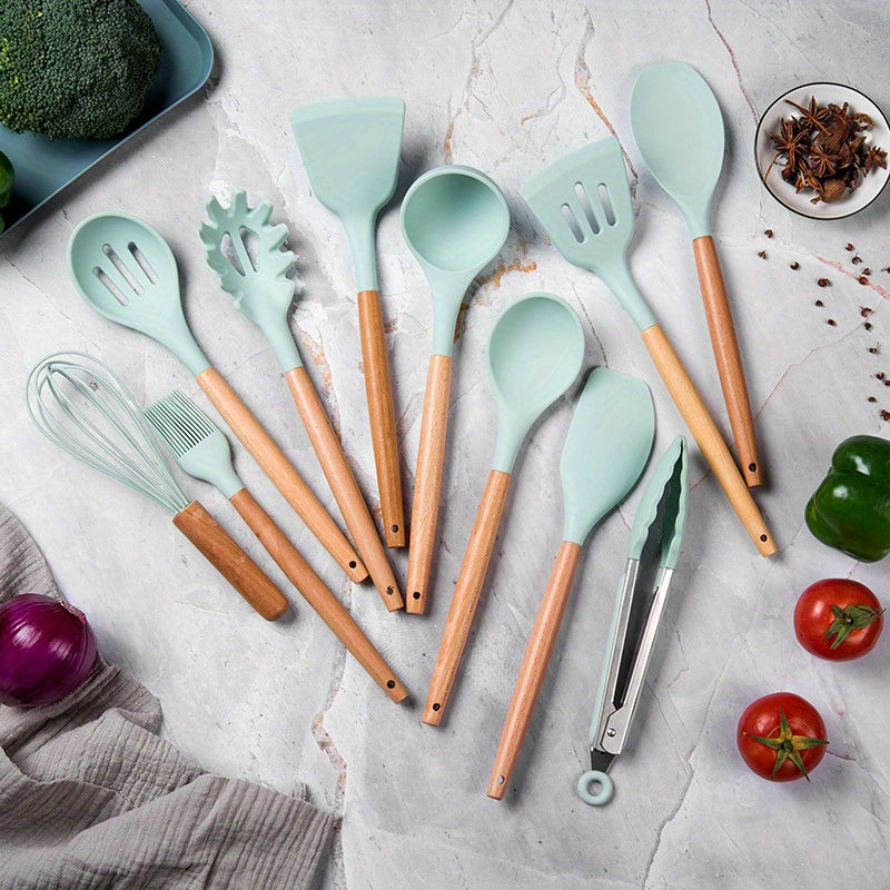 Silicone Kitchen Utensil Set with Wooden Handles Non-Stick Spatula Spoon 5/11/14 Pieces