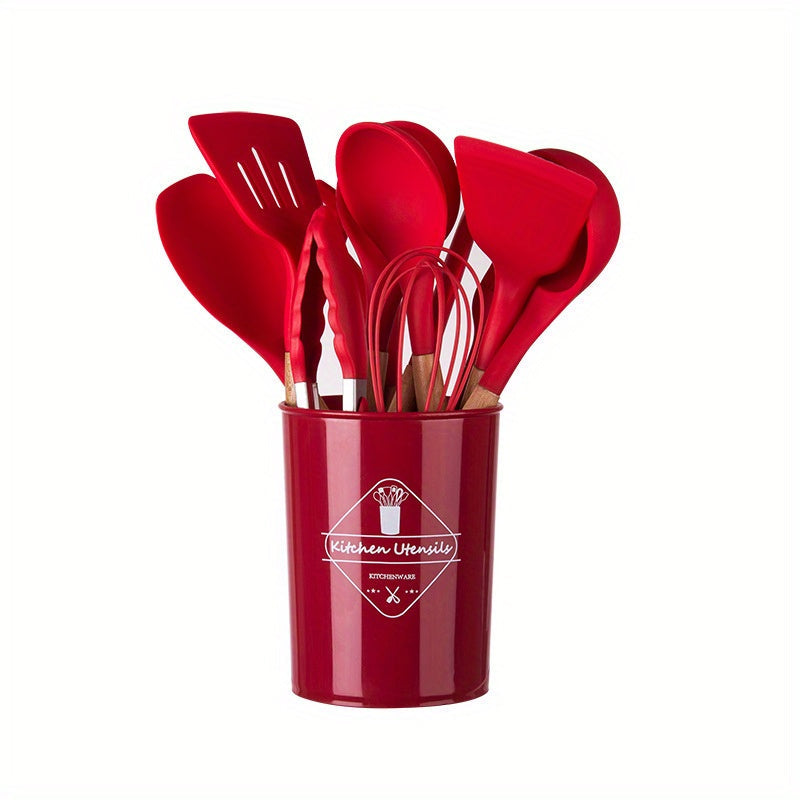 Silicone Kitchen Utensil Set with Wooden Handles Non-Stick Spatula Spoon 5/11/14 Pieces