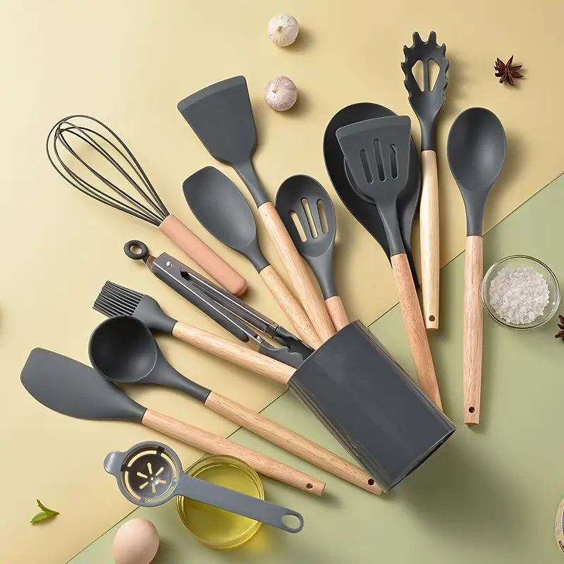 Silicone Kitchen Utensil Set with Wooden Handles Non-Stick Spatula Spoon 5/11/14 Pieces
