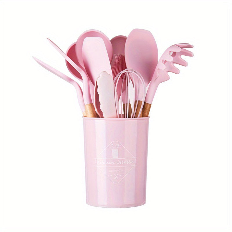 Silicone Kitchen Utensil Set with Wooden Handles Non-Stick Spatula Spoon 5/11/14 Pieces