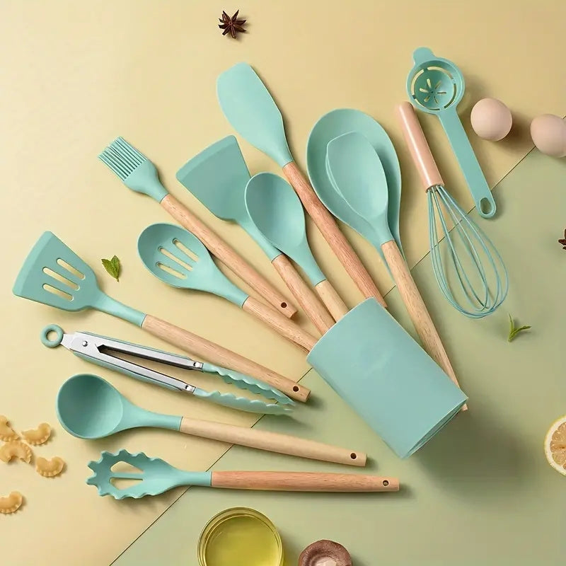 Silicone Kitchen Utensil Set with Wooden Handles Non-Stick Spatula Spoon 5/11/14 Pieces
