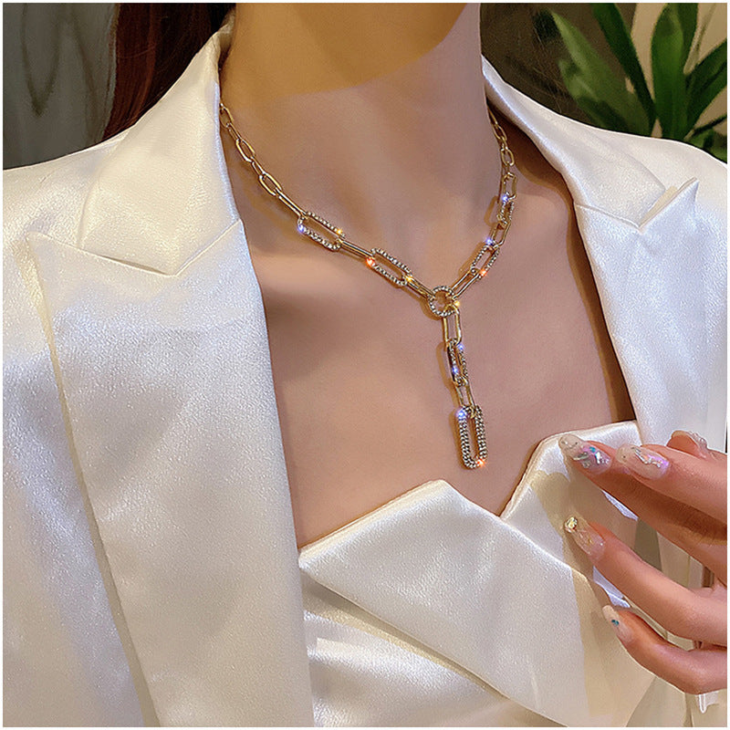 Gold or Silver Y-Necklace with Rhinestone Chain Elegant Statement Jewelry for Women