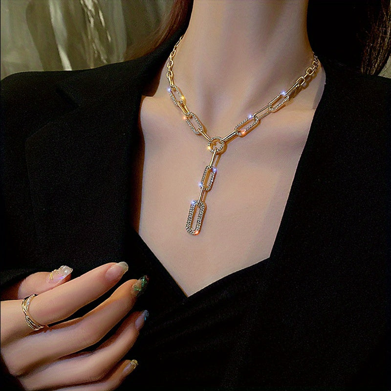 Gold or Silver Y-Necklace with Rhinestone Chain Elegant Statement Jewelry for Women