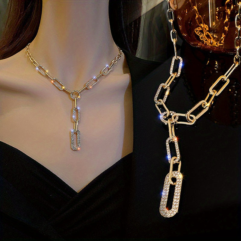 Gold or Silver Y-Necklace with Rhinestone Chain Elegant Statement Jewelry for Women