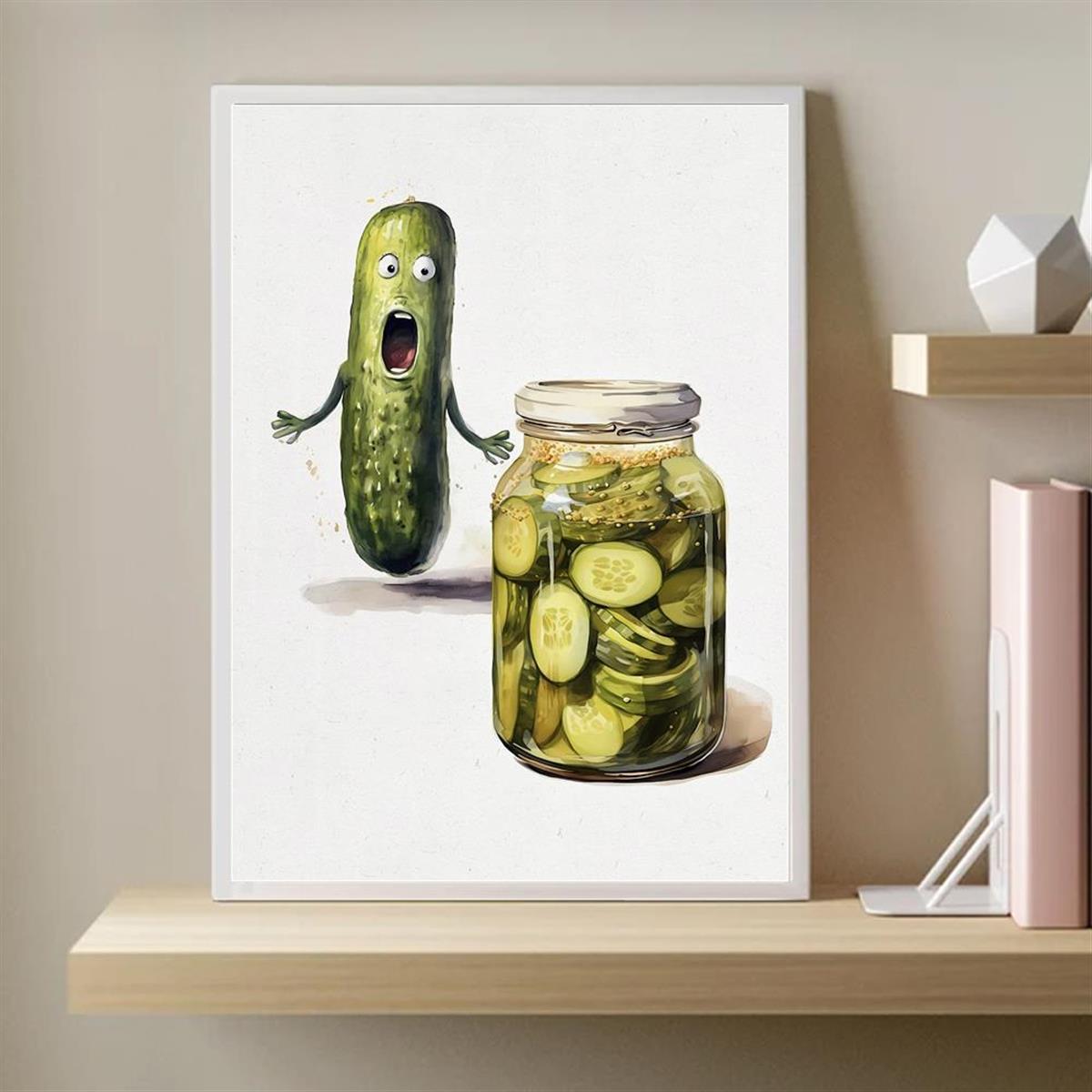 Whimsical Watercolor Pickle Canvas Wall Art Unframed Bright Colors