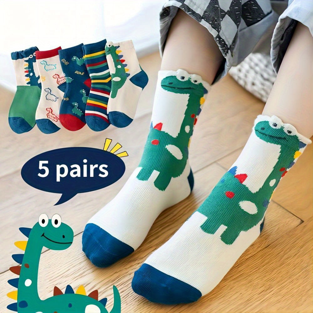 Calcetines verdes de dinosaurio para niños, 5 pares, de poliéster transpirable para primavera y verano
