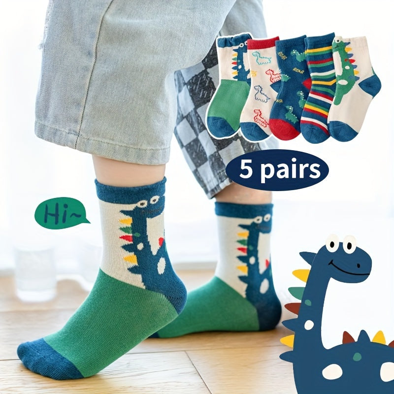 Calcetines verdes de dinosaurio para niños, 5 pares, de poliéster transpirable para primavera y verano