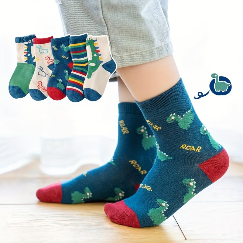 Calcetines verdes de dinosaurio para niños, 5 pares, de poliéster transpirable para primavera y verano