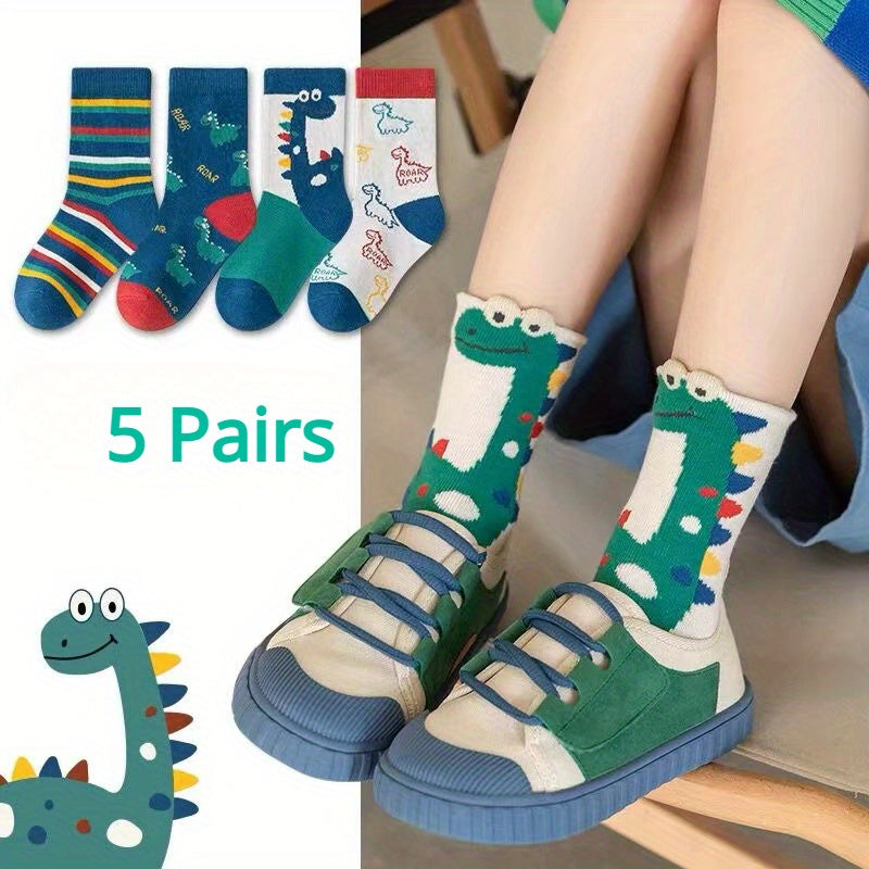Calcetines verdes de dinosaurio para niños, 5 pares, de poliéster transpirable para primavera y verano