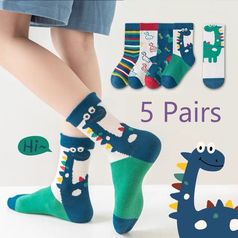 Calcetines verdes de dinosaurio para niños, 5 pares, de poliéster transpirable para primavera y verano