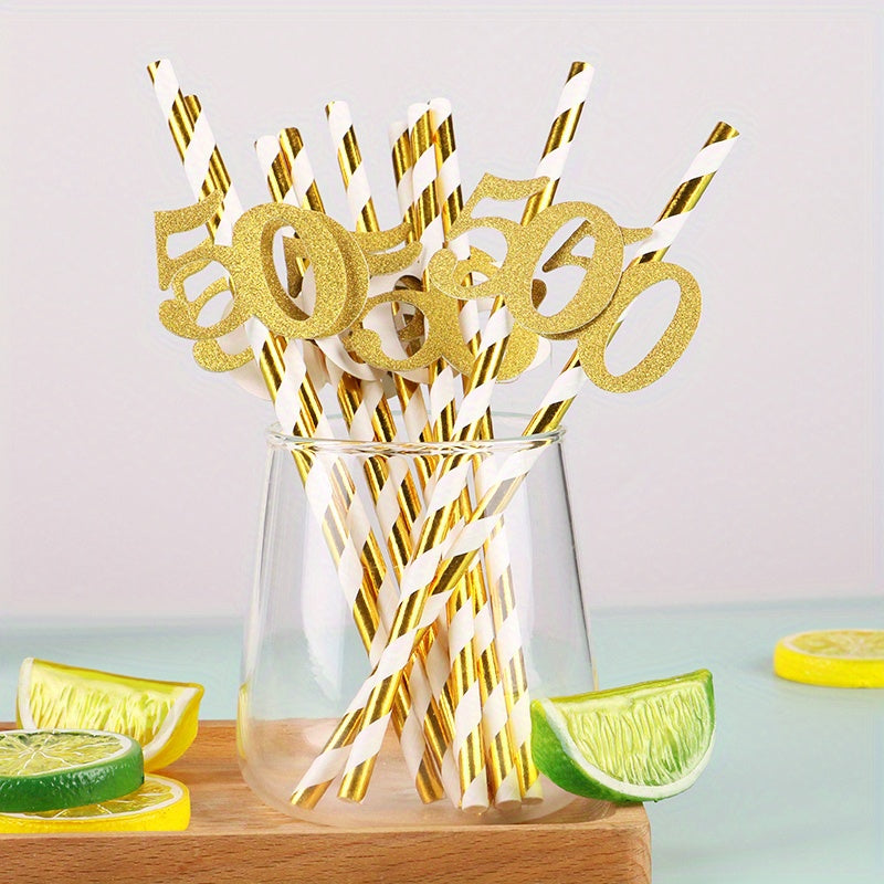 Set of 10 Gold Foil Number 50 Paper Straws for Birthday Party Decor