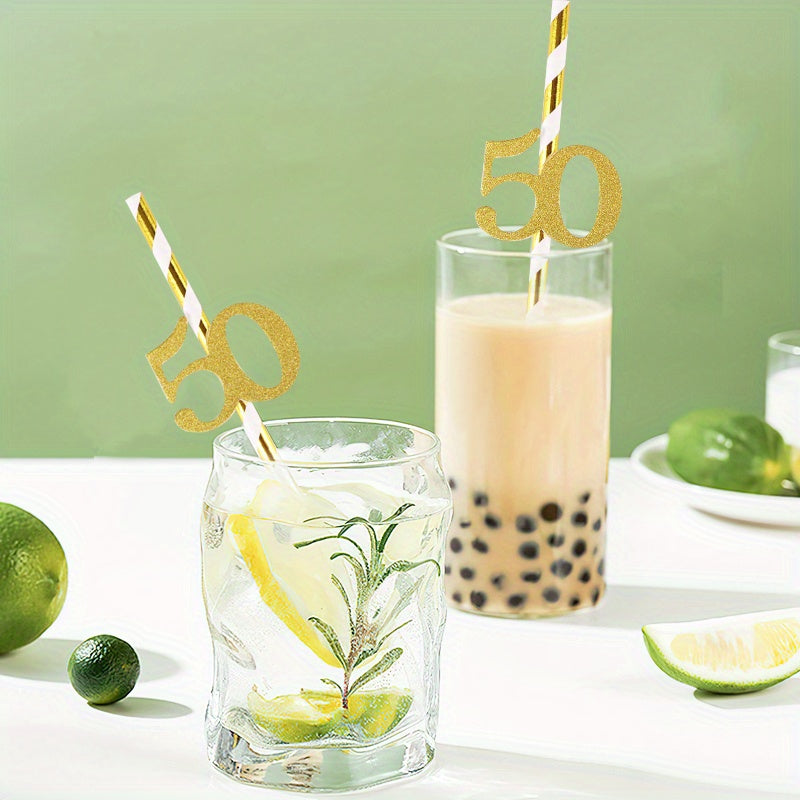 Set of 10 Gold Foil Number 50 Paper Straws for Birthday Party Decor