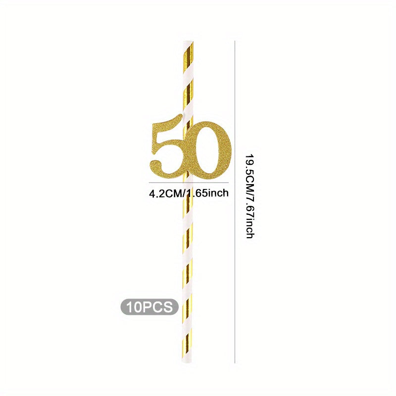 Set of 10 Gold Foil Number 50 Paper Straws for Birthday Party Decor