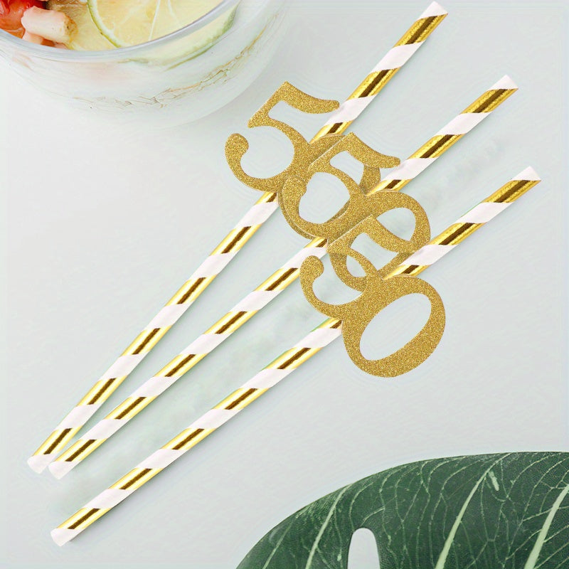 Set of 10 Gold Foil Number 50 Paper Straws for Birthday Party Decor