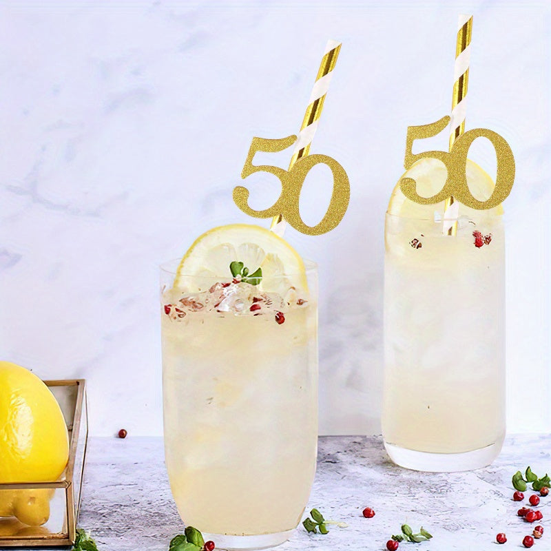 Set of 10 Gold Foil Number 50 Paper Straws for Birthday Party Decor