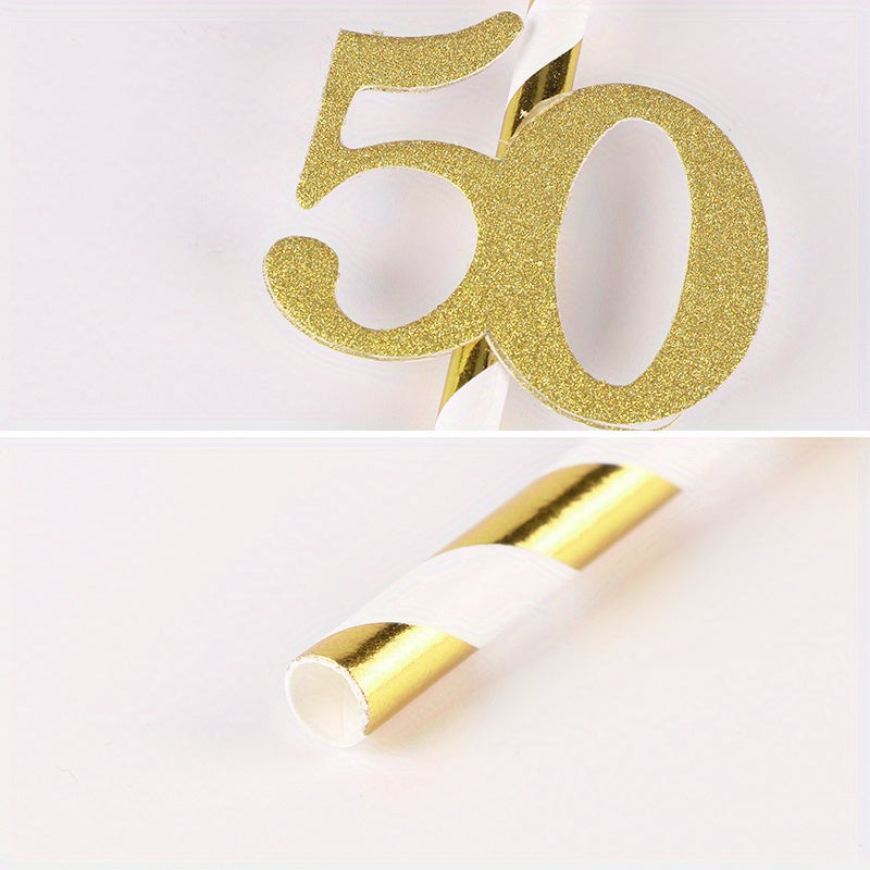 Set of 10 Gold Foil Number 50 Paper Straws for Birthday Party Decor